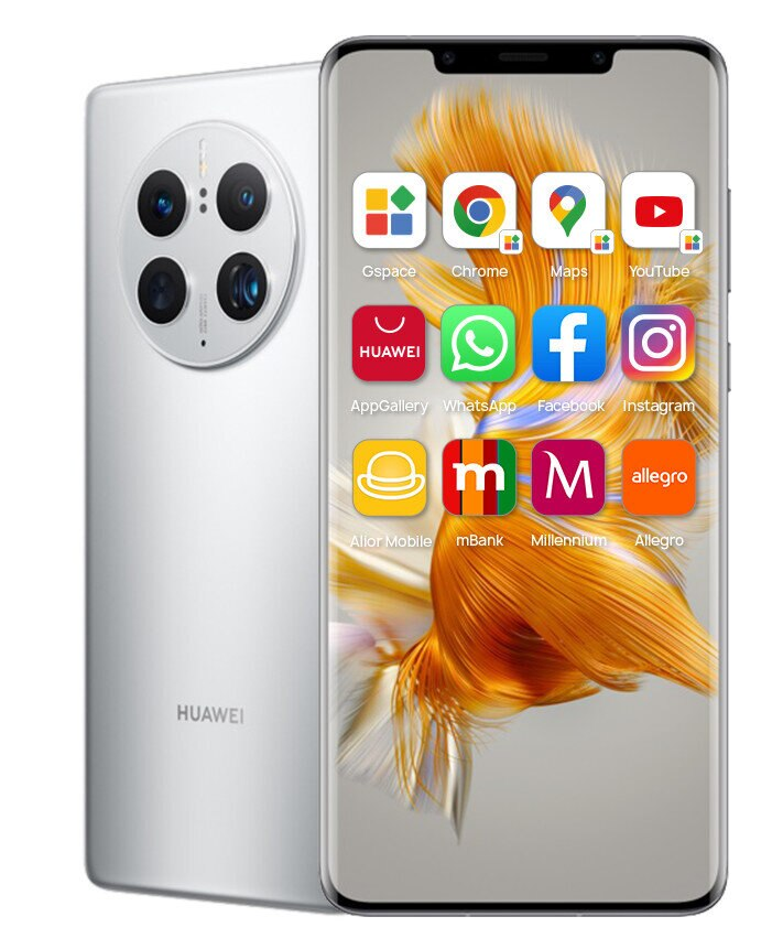Biały telefon Huawei z aplikacjami na ekranie, w tym Chrome, Mapy i YouTube. Telefon znajduje się na białym tle.