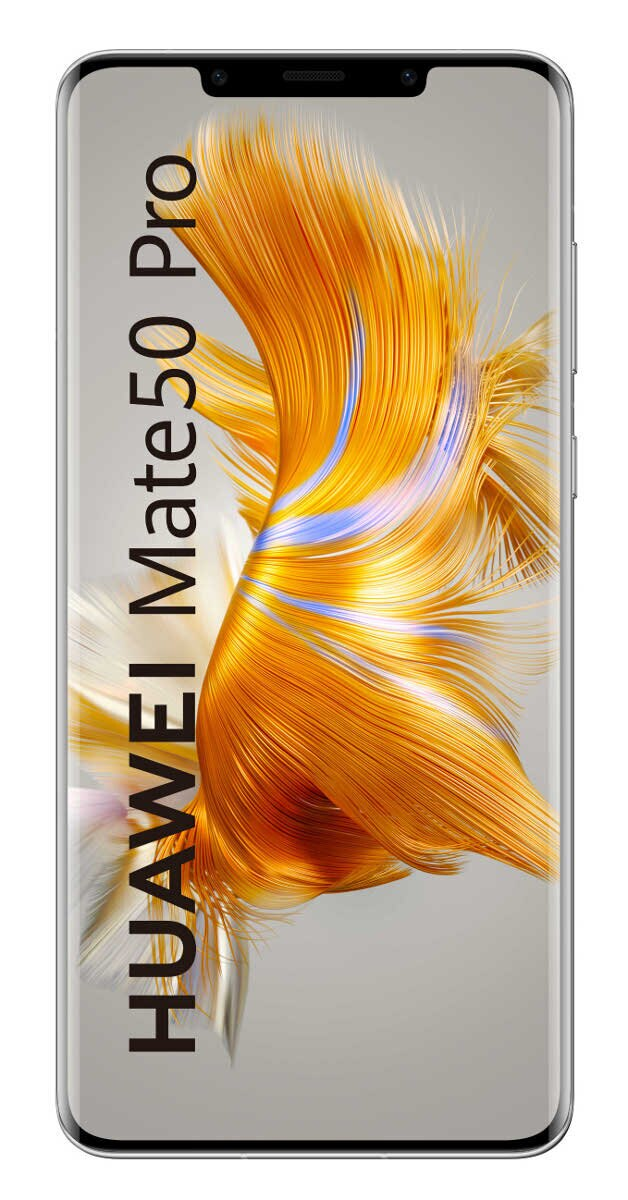 Ekran telefonu HUAWEI Mate50 Pro z tekstem na ekranie. Telefon jest srebrny.