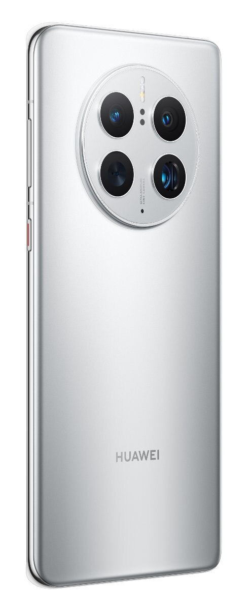 Tył srebrnego telefonu. Cztery aparaty. Widoczne logo Huawei. Białe tło.