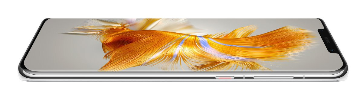 Widok z boku telefonu Huawei z ekranem wyświetlającym złoto-biały abstrakcyjny wzór. Tło jest białe.