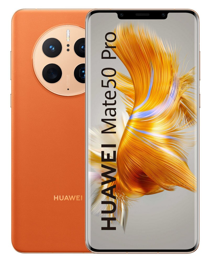 Telefon Huawei Mate 50 Pro, pomarańczowy tył, ekran z tekstem.