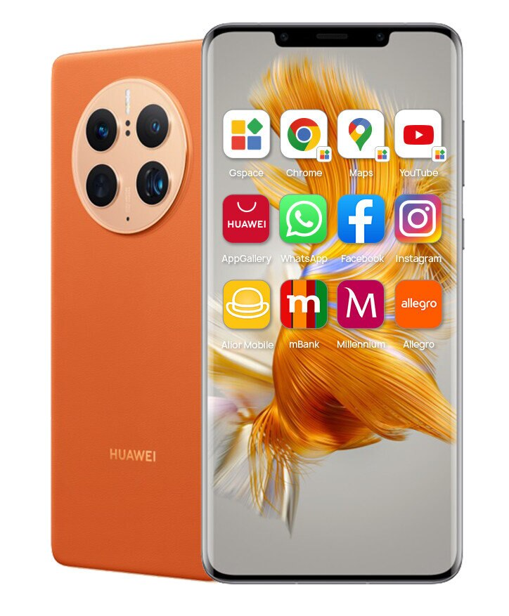 Telefon Huawei, pomarańczowy tył, z aparatem i ekranem pokazującym aplikacje, białe tło.