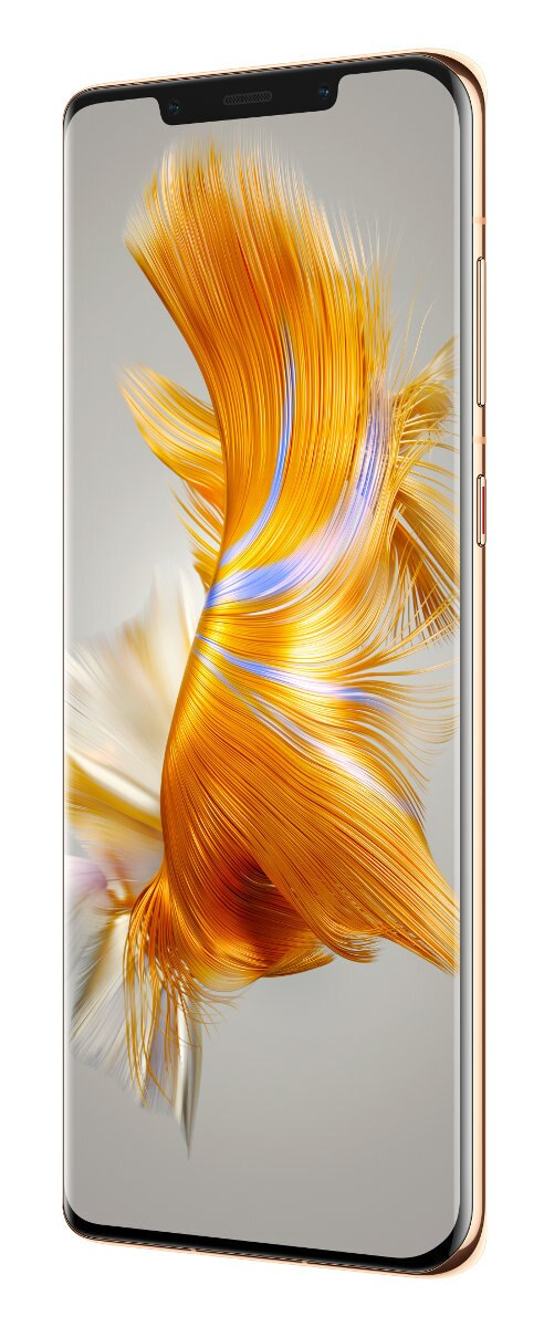 Złoty smartfon z zakrzywionym ekranem, wyświetlający obraz.