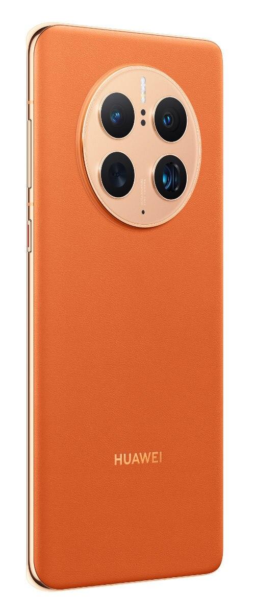 Pomarańczowy tył telefonu z modułem kamery. Złote akcenty i logo HUAWEI.