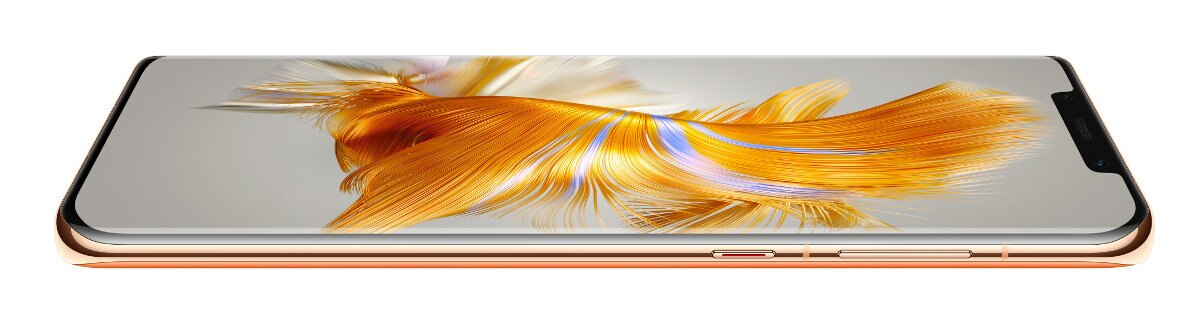 Złoty profil smartfona. Pokazuje ekran ze złotym i pomarańczowym abstrakcyjnym wzorem. Białe tło.