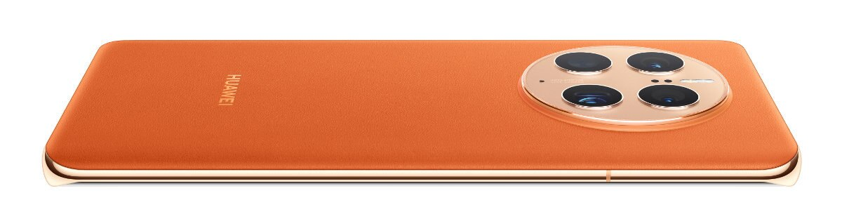 Brązowy telefon z okrągłym modułem aparatu. Tył jest skórzany ze złotymi krawędziami.