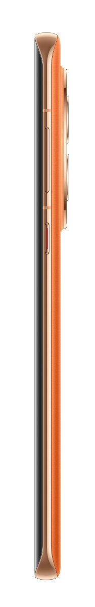 Profil boczny telefonu, pomarańczowy i złoty. Pokazuje profil boczny z przyciskami i aparatem.