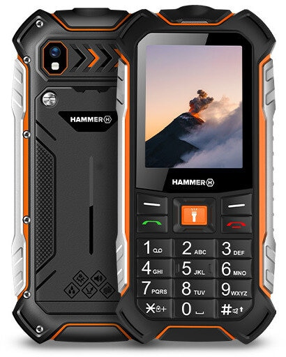 Wytrzymały, czarno-pomarańczowy telefon Hammer, widok z tyłu i z przodu, z ekranem wyświetlającym obraz wulkanu.