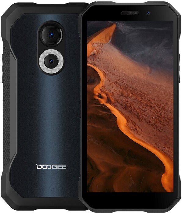 Czarny wytrzymały telefon Doogee z dwoma aparatami, teksturowaną tylną obudową i interfejsem ekranu.