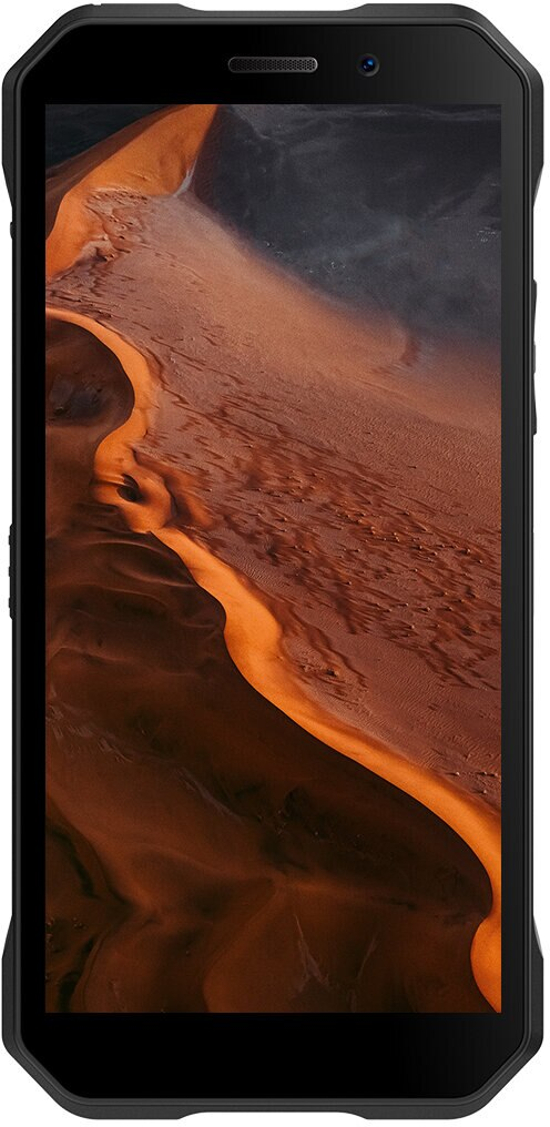 Wytrzymały czarny smartfon wyświetlający na ekranie krajobraz pustynny.