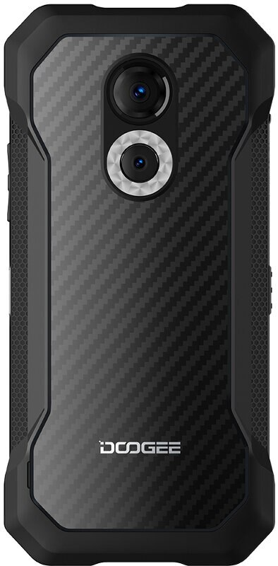 Czarny, wytrzymały telefon z tyłem imitującym włókno węglowe. Widoczne podwójne aparaty, z logo DOOGEE na dole.