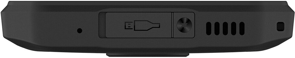 Spód czarnego telefonu z portem USB, otworami na głośniki i innymi małymi funkcjami.