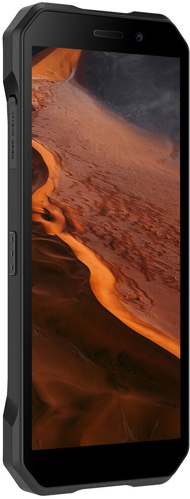 Czarny wytrzymały smartfon z ekranem wyświetlającym pustynny krajobraz, widok z boku.