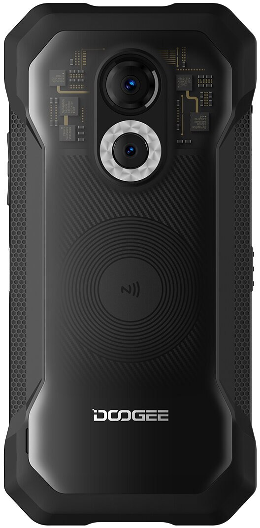 Tył wytrzymałego czarnego telefonu Doogee, z charakterystycznym designem i dwoma aparatami.