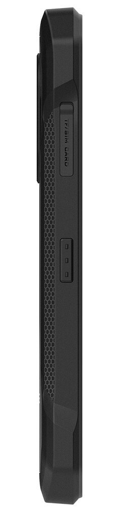 Widok z boku czarnego etui na telefon z przyciskami, pokazujący bok.