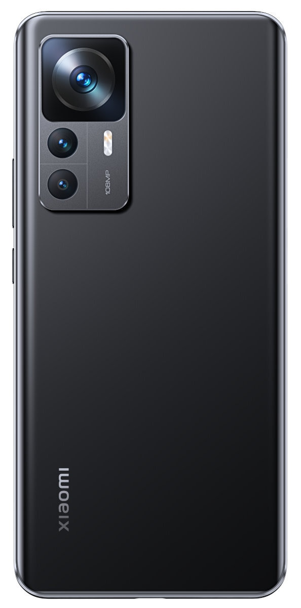 Tył czarnego telefonu Xiaomi. Duży moduł aparatu na górze po lewej. Logo Xiaomi na dole.