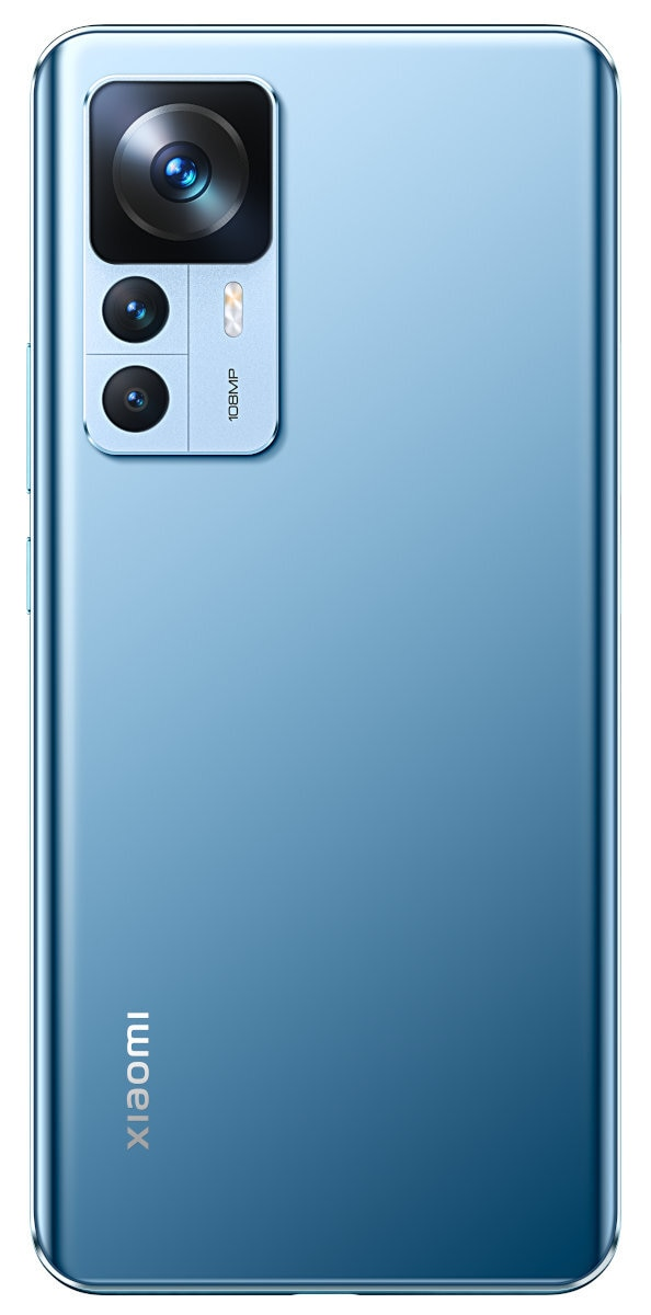 Tył niebieskiego telefonu Xiaomi z modułem aparatu zawierającym trzy obiektywy i tekstem 108MP. Tło jest białe.