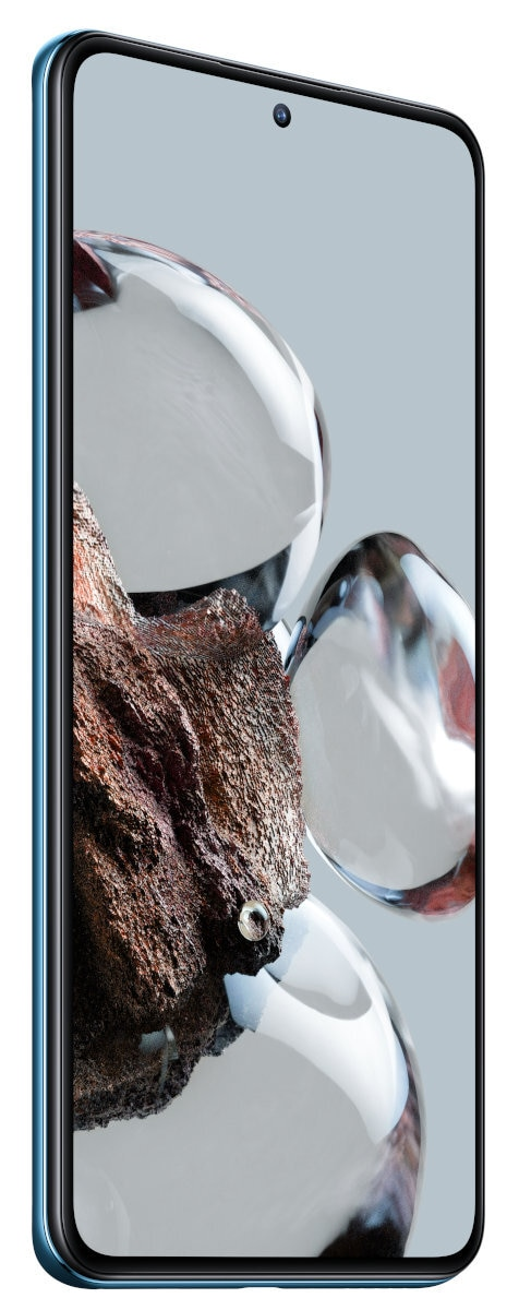 Niebieski smartfon z unikalnym abstrakcyjnym tłem i zakrzywionym ekranem.