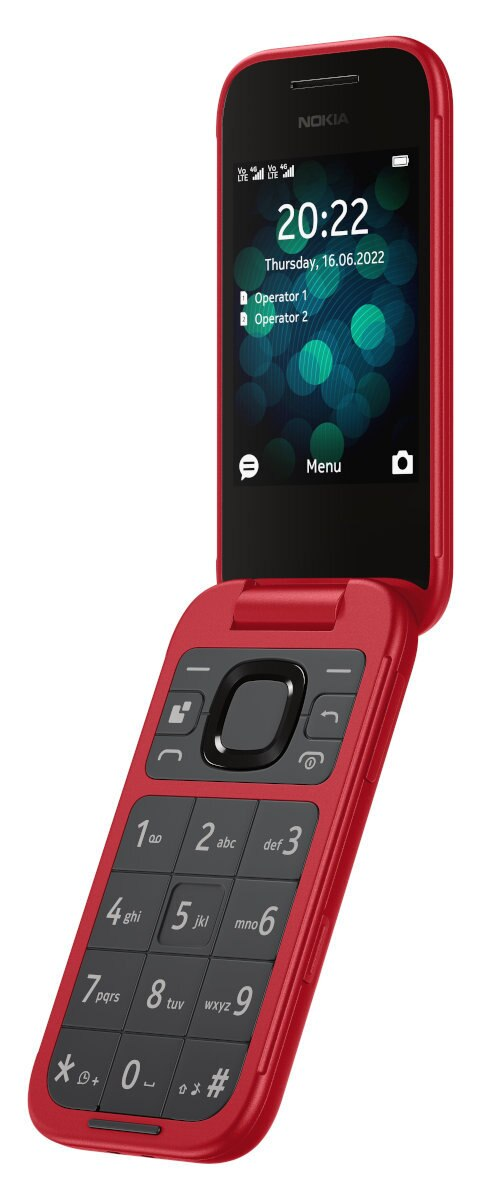 Czerwony telefon Nokia z klapką, otwarty z ekranem z godziną, datą i menu. Klawiatura widoczna.