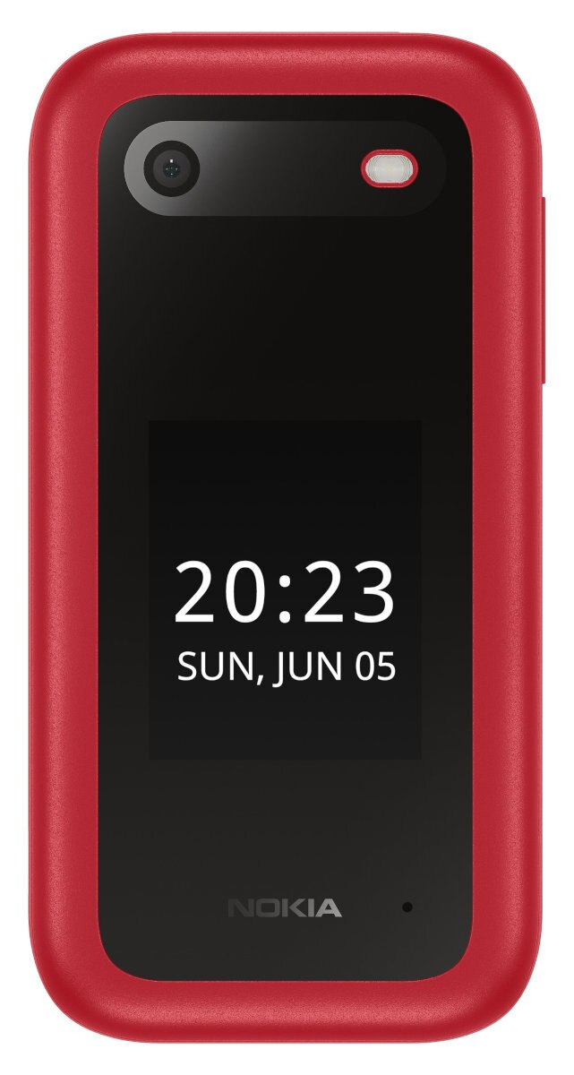 Czerwony telefon Nokia wyświetlający godzinę, datę i logo Nokia na czarnym ekranie. Tło jest czerwone.