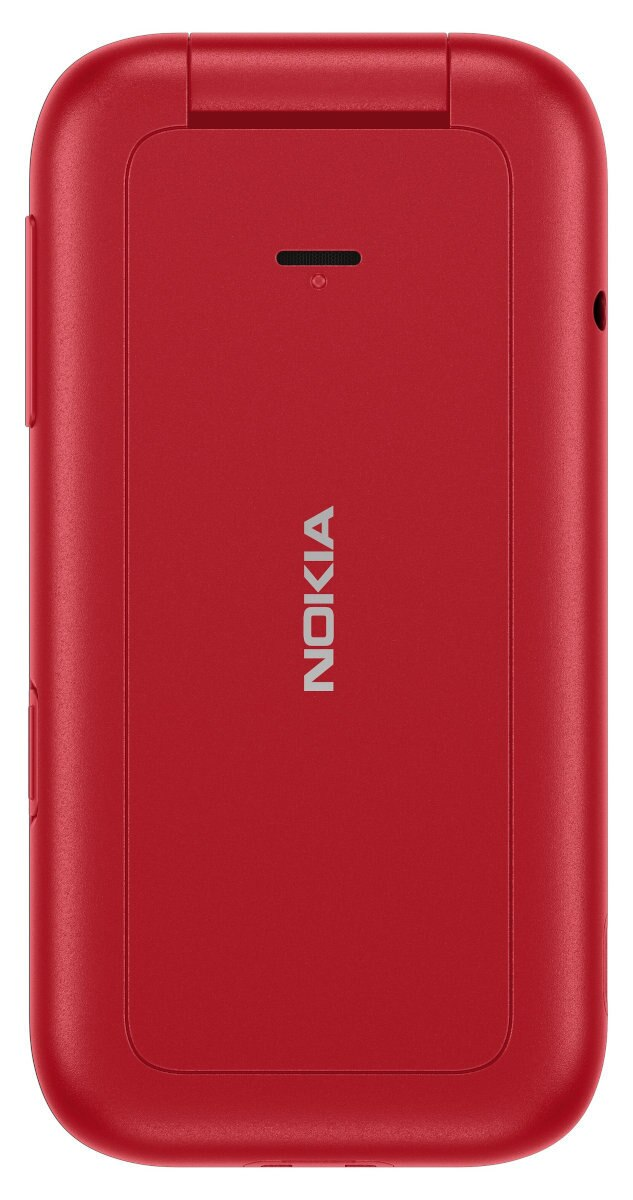 Czerwony telefon Nokia z klapką, zamknięty, z widocznym logo Nokia.