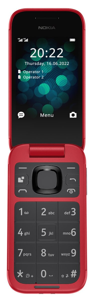 Czerwony telefon Nokia z klapką, otwarty, wyświetlający godzinę i datę. Tło jest zielono-niebieskie.