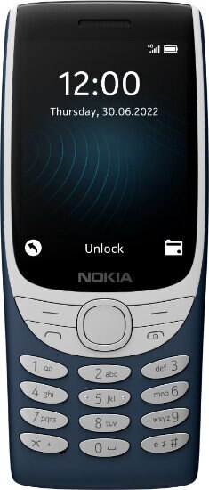 Niebieski telefon Nokia, widoczna klawiatura, ekran wyświetla godzinę i datę. Białe tło.