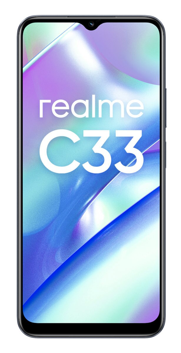 Czarny telefon ze słowami "realme C33" na ekranie, białe tło.