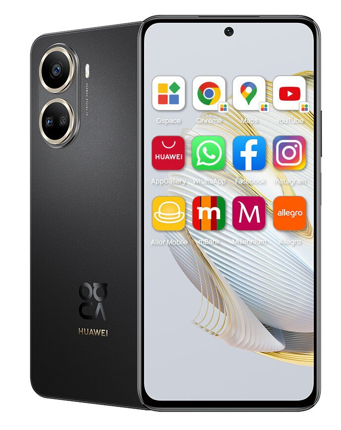 Czarny smartfon z aplikacjami na ekranie, pokazujący tył i przód.