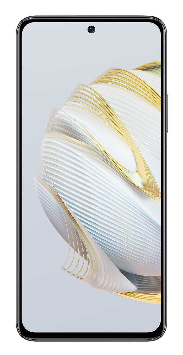 Smartfon z białym i złotym abstrakcyjnym wzorem fal na ekranie.