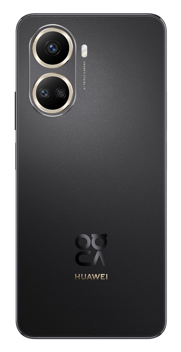 Tył czarnego telefonu Huawei z podwójnym aparatem i logo Huawei.