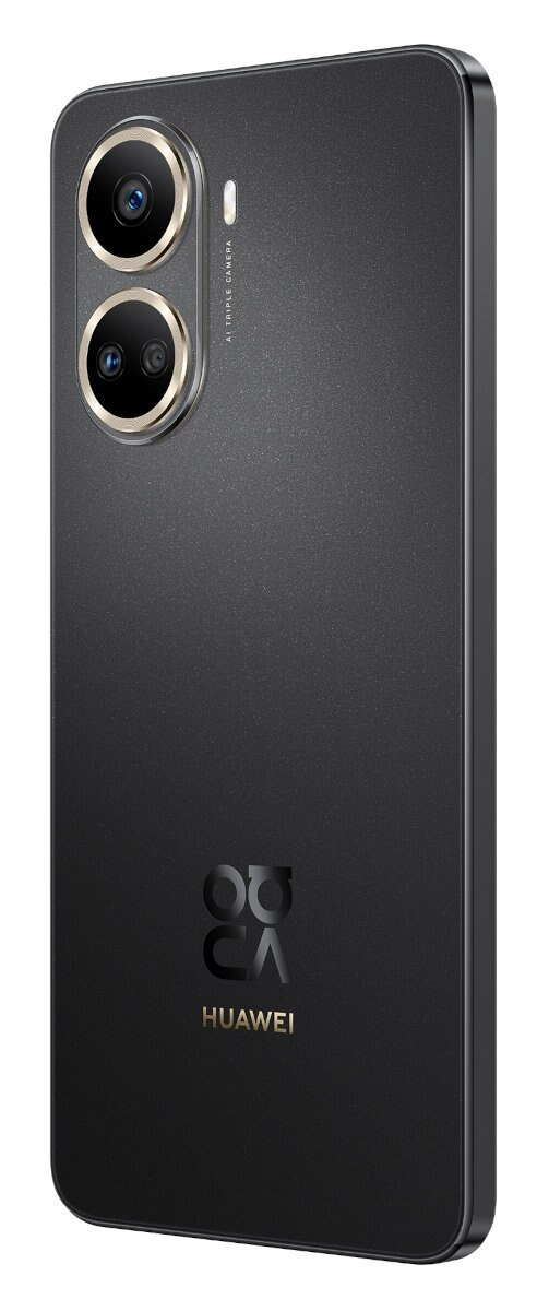 Czarny telefon Huawei z dwoma aparatami, etykietą potrójnego aparatu i logo Huawei.
