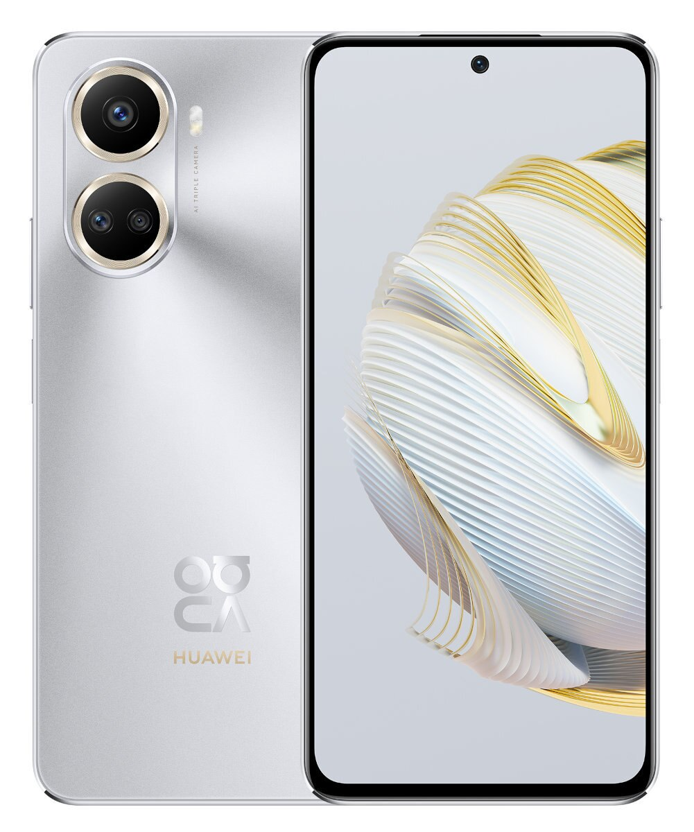 Srebrny smartfon Huawei, widok z tyłu i z przodu. Ma dwa aparaty i aparat z przodu.