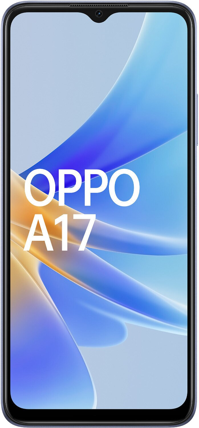 Telefon Oppo A17, niebieska ramka, logo Oppo i tekst A17 na ekranie. Niebiesko-złote abstrakcyjne tło.