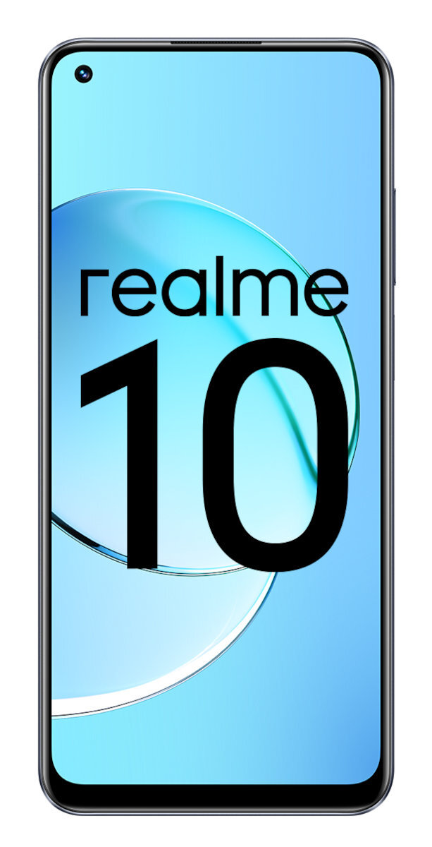 Ekran smartfona pokazujący "realme 10" w dużym czarnym tekście na niebiesko-białym tle.