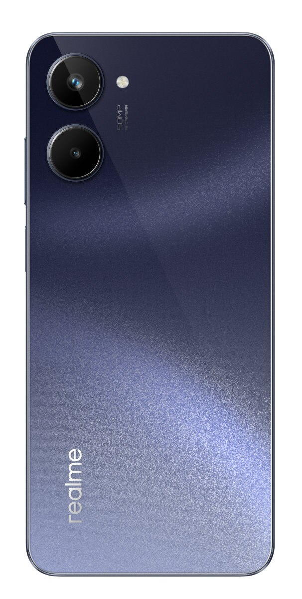 Tył niebieskiego telefonu realme z podwójnym aparatem i logo realme. Białe tło.