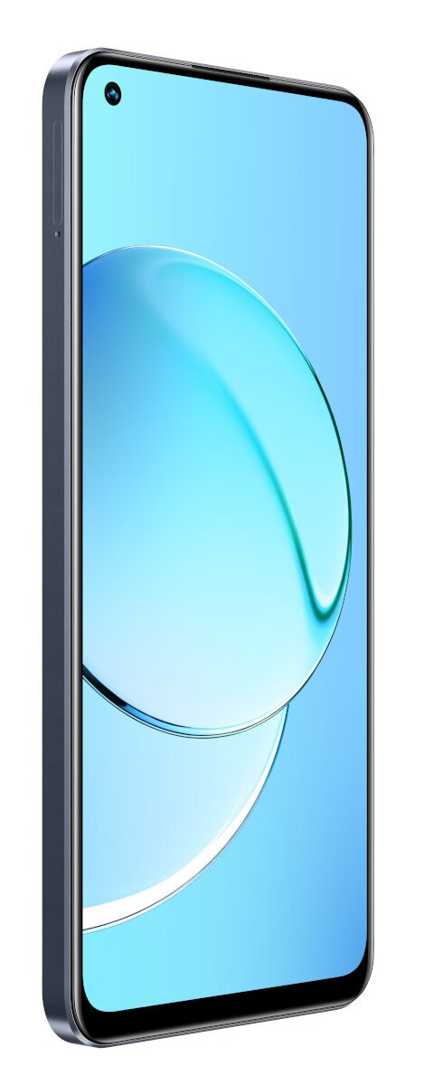 Niebieski smartfon, widok z boku, z abstrakcyjnym tłem przypominającym wodę na ekranie.