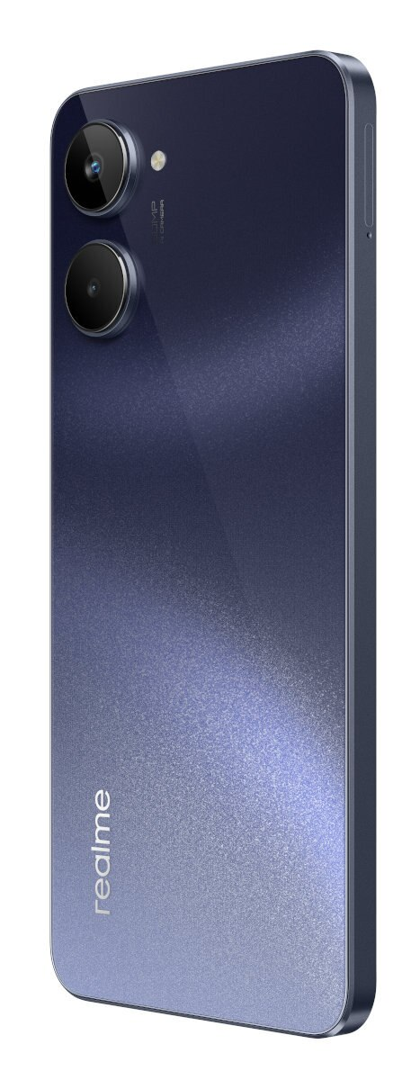 Niebieski smartfon z dwoma aparatami, widok z boku. Widoczne słowo 'realme'.