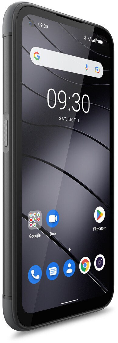 Smartfon z ciemnym ekranem wyświetlającym ikony aplikacji. Czarna ramka. Ikony Google, Duo, Play Store.