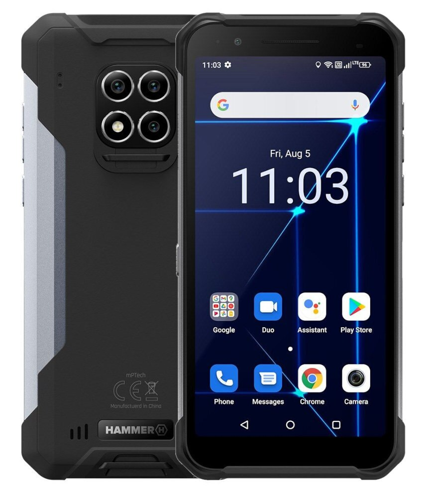Czarny i srebrny wytrzymały smartfon. Ekran wyświetla godzinę i ikony aplikacji. Telefon ma potrójny aparat.