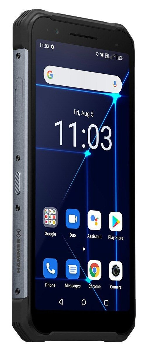 Czarny, wytrzymały smartfon z ekranem pokazującym godzinę i niektóre ikony aplikacji.