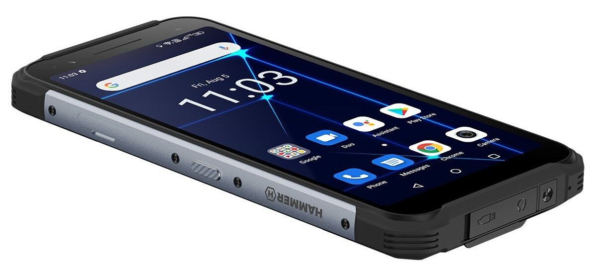 Czarny smartfon, wytrzymała konstrukcja. Pokazuje ekran z ikonami aplikacji oraz datą i godziną.
