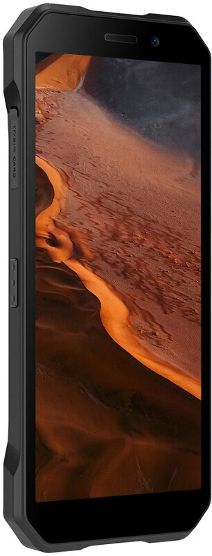 Wytrzymały smartfon z wyświetlaczem pokazującym pustynny krajobraz. Telefon jest czarny i wygląda na wytrzymały.