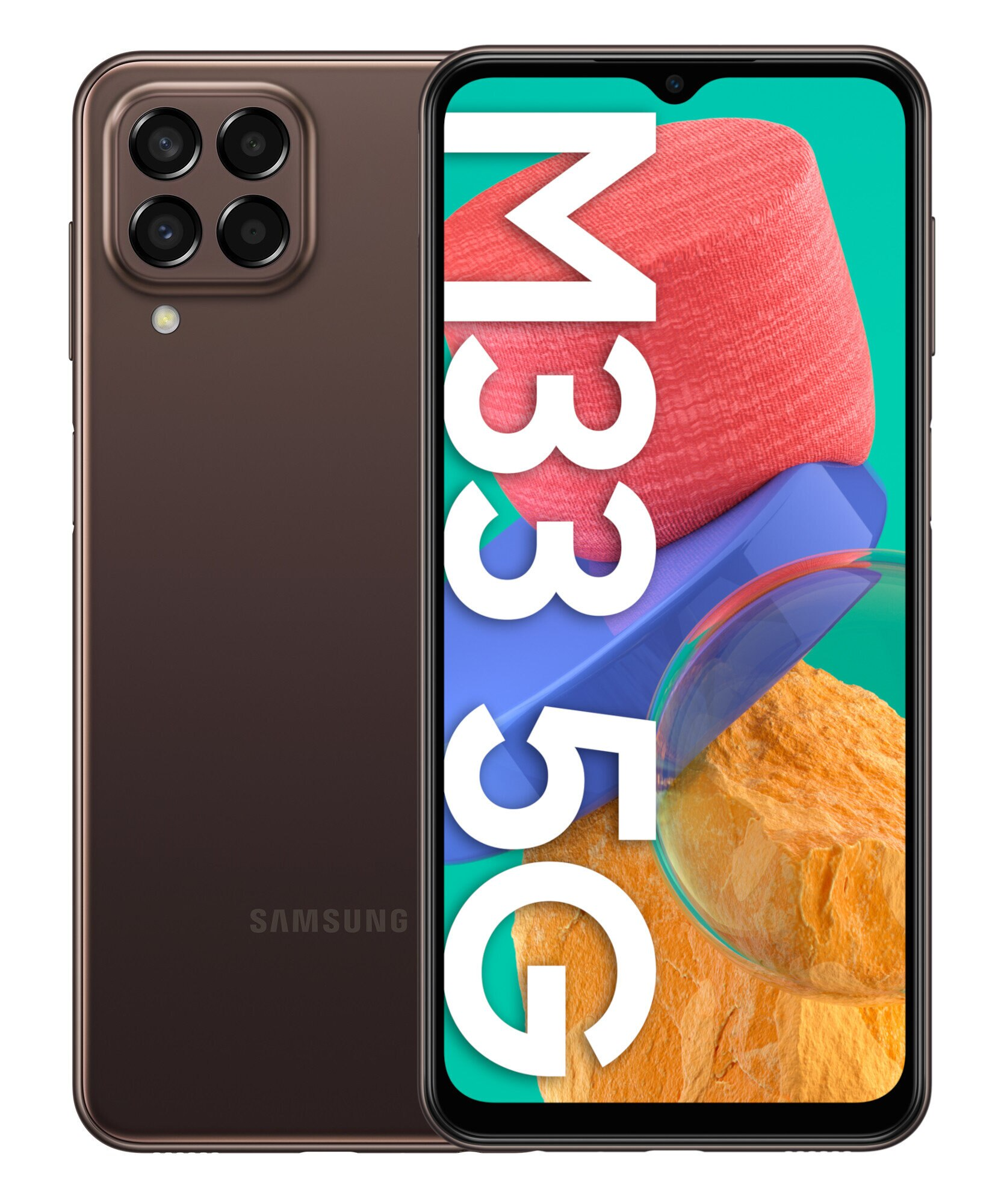 Brązowy smartfon z wieloma aparatami. Wyświetlacz pokazuje kolorowe abstrakcyjne kształty. Marka to Samsung.