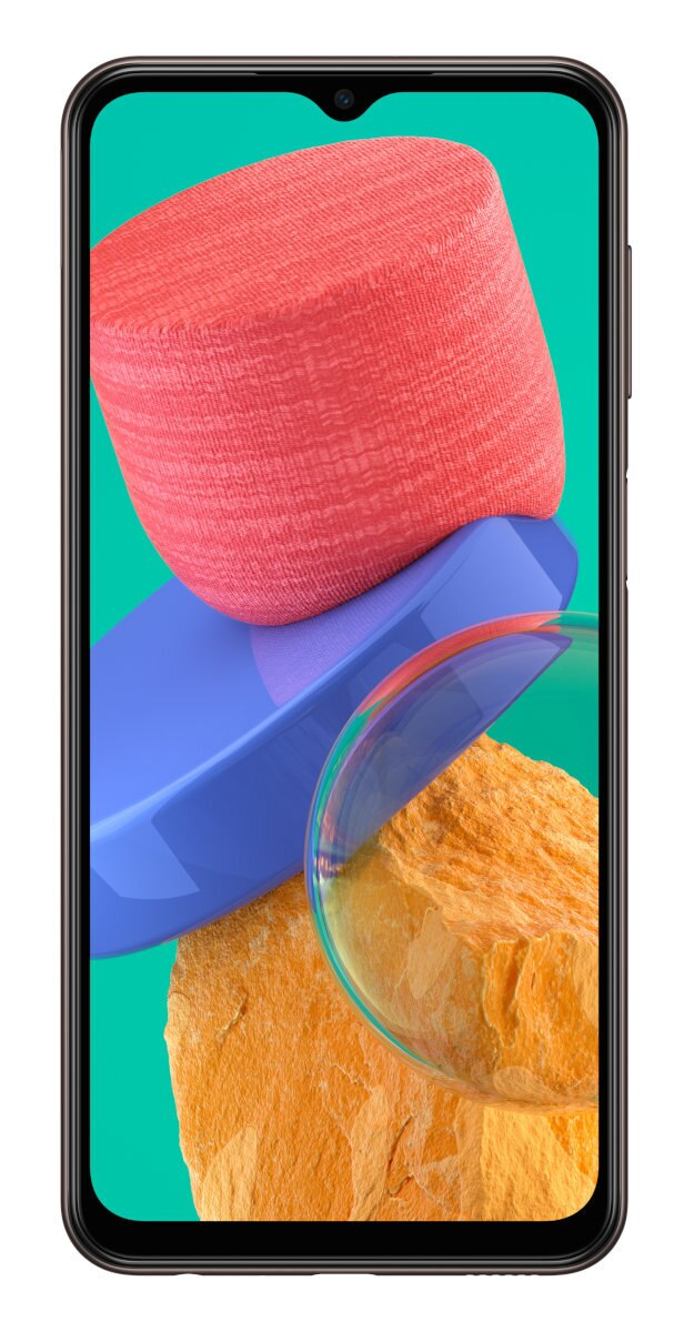 Smartfon z kolorowym abstrakcyjnym tłem z czerwonymi, niebieskimi i pomarańczowymi kształtami.