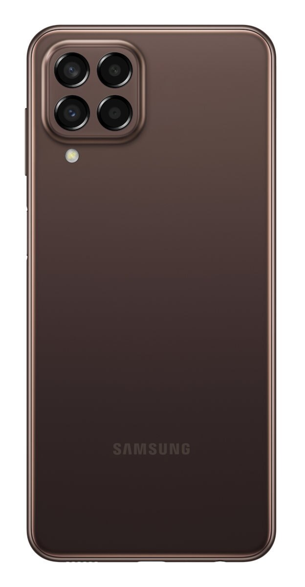 Tył brązowego telefonu Samsung z czterema aparatami. Telefon ma logo Samsung. Tło jest białe.