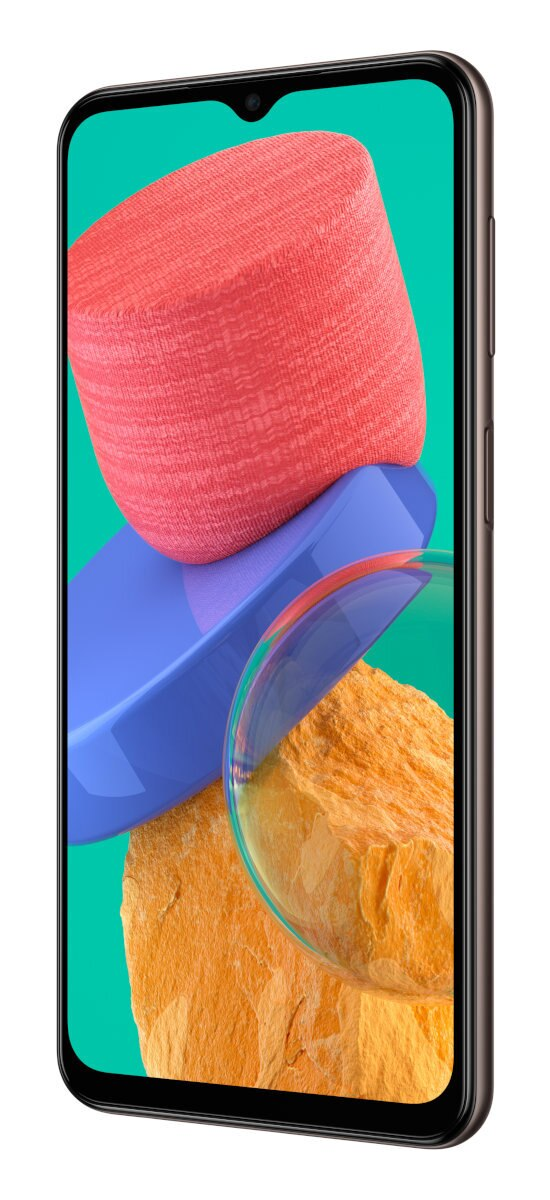 Wyświetlacz telefonu pod kątem, z kolorowymi abstrakcyjnymi kształtami. Brązowa ramka, zielone tło.