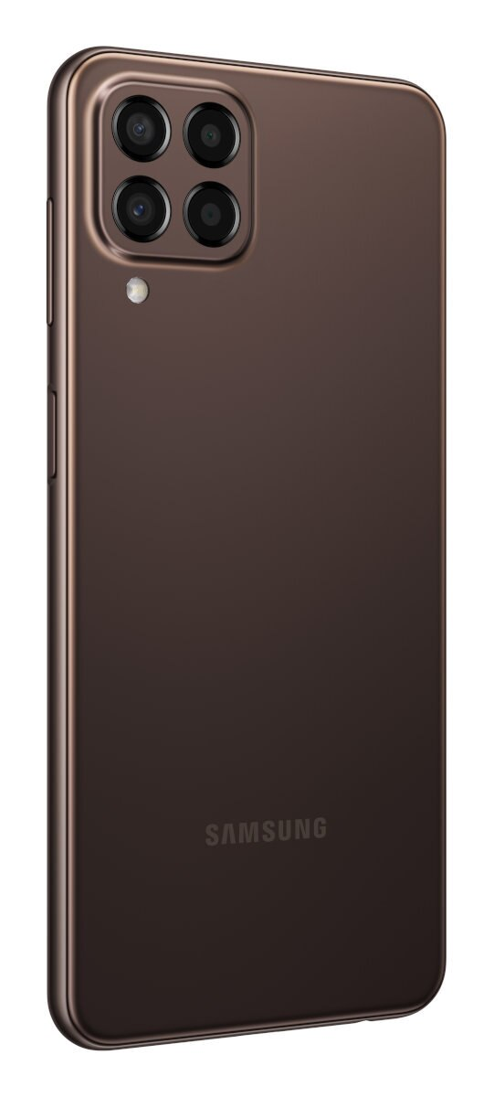 Brązowy telefon z tylnymi aparatami i logo Samsung. Telefon jest na białym tle.