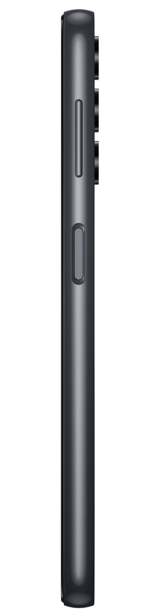 Widok z boku czarnego telefonu. Widoczne przyciski zasilania i głośności. Telefon jest elegancki i ciemny.