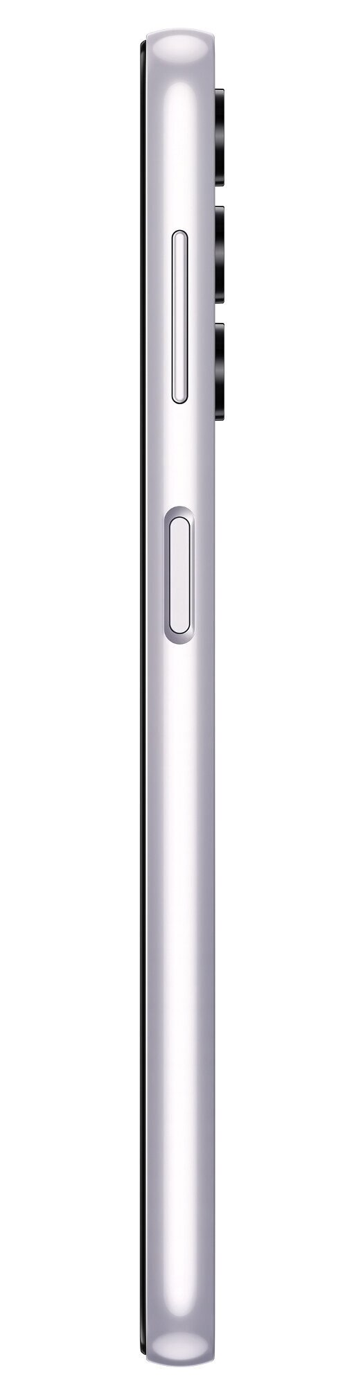 Widok z boku srebrnego telefonu. Widoczne przyciski głośności i zasilania. Białe tło.